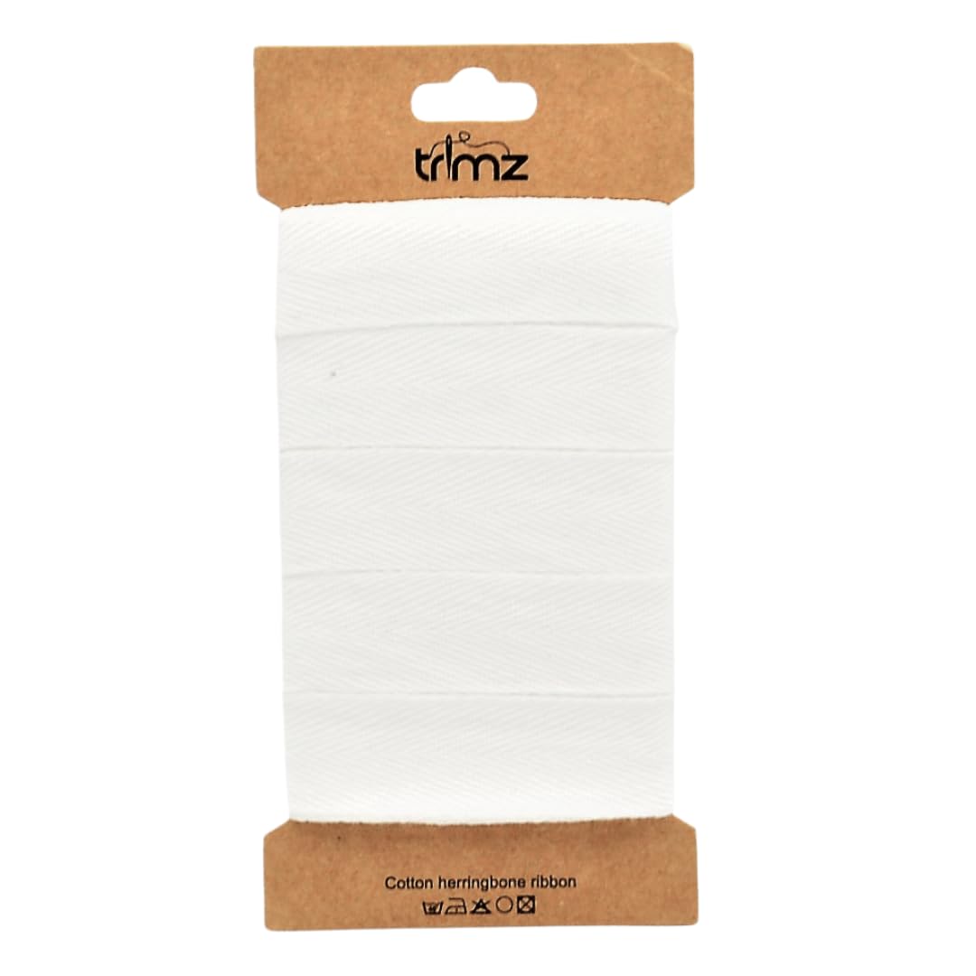 Trimz Single Herringbone Cotton Ribbon, White, 25mm x 5m
