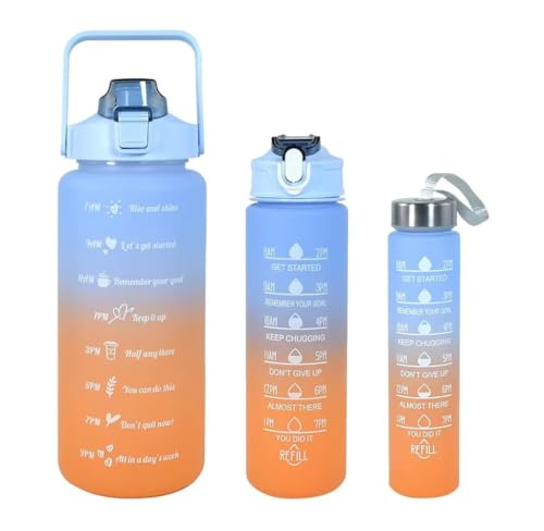 Image of MOTIVATIONAL 3-Pcs (2000ML-900ML-300ML) Water Bottle with Straw & Time Marker | Leak-Proof Sports Bottle for Gym, Office, School | Break-Resistant Silicone Bottle for Daily Hydration (Orange)