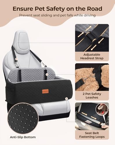 Petcozife Hunde Autositz für Große & Mittlere Hunde, Hundesitz Auto Rückbank für Unter 25 KG oder 2 Kleine, Abnehmbar und Waschbar Hundeautositz mit Dickem Kissen, 2 Sicherheitsleinen (Schwarz+Grau)