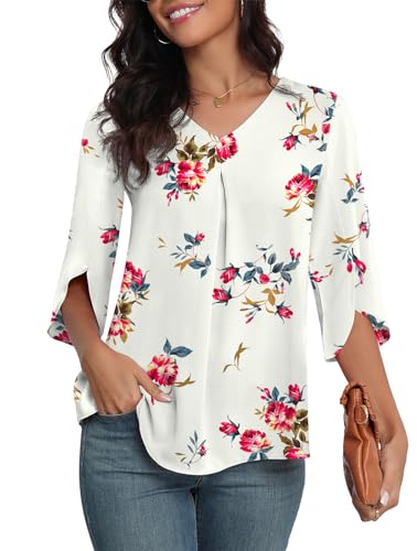 LAOLASI Womens Summer Chiffon Blouses 3/4 Sleeve V Neck Casual Loose Work Tops for Leggings 2025 Flowy Dressy Tshirts3