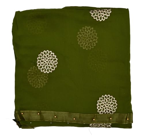 Image of YOUTHQUAKE Golden Floral Embroidery Work Chiffon Dupatta for Womens & Girls with Fancy Moti Lace
