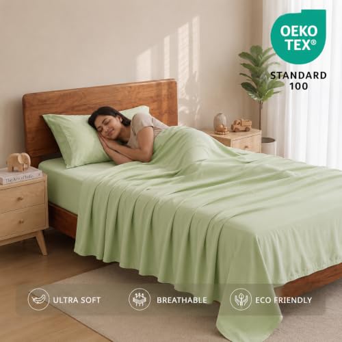 Image of LANE LINEN 100% Organic Cotton Bedsheet for Single Bed - Sea Foam | GOTS Certified, Percale Weave, 60x90 inches, Soft & Breathable, Machine Washable, Includes 1 Pillow Cover