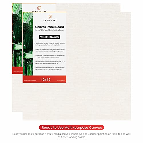 Image of Scholar Art Hobby Series 04 Oz (230 GSM) 100% Cotton Canvas Panel Board for Painting (White Blank Canvas Boards for Acrylic Paint, Oil Paint, Wet & Dry Media) | 12 inchx12 inch (30x30 cm), Pack of 12