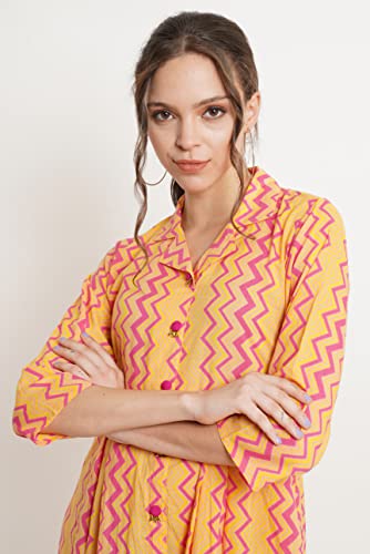 Image of COTLAND Fashions Jaipuri Cotton Flared A-Line Dress for Women (Yellow Current)