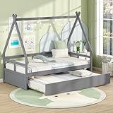 Giantex Twin House Bed with Trundle, Wood Montessori Tent Kids Bed Frame with Safety Guardrail, Low Teepee Bed with Wood Slat Support for Boys Girls Teens, No Box Spring Needed, Grey