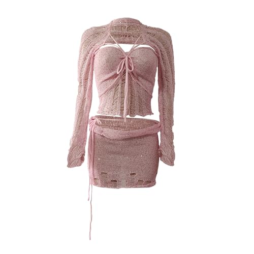 Two Piece Sequin Sets for Women Crochet Hollow Sweater Knit Skirt and Crop Top Set Party Sexy Y2K Going Out Outfits4