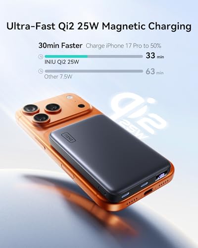 Image of INIU Slimmest Power Bank for MagSafe, 10000mAh Qi2.2 Certified 25W Wireless & 45W Wired USB C Fast Charging Portable Charger, Flight-Safe Travel Phone Magnetic Battery Pack for iPhone 17-12 Series