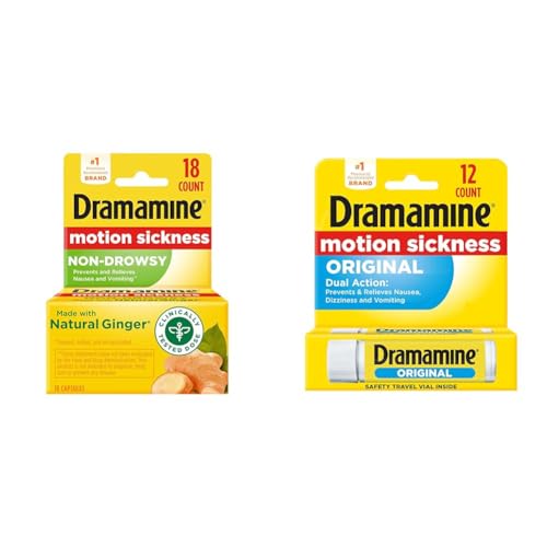 Image of Dramamine Motion Sickness Relief Bundle with Non-Drowsy Ginger Capsules, 18 Count and Original Tablets Travel Vial, 12 Count