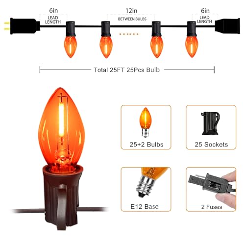 Image of 25FT C7 Orange LED String Lights, Black Wire Outdoor Halloween | IP44 Waterproof & Shatterproof, End-to-End Connectable, Perfect for Patio, Porch, Railing, Party or Holiday Decor