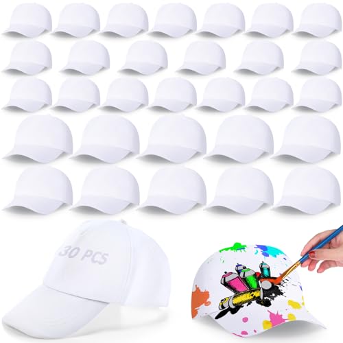 JaGely DIY Baseball Caps DIY Creative Painting Adjustable White Baseball Hat Kids Adults for Camp Outdoor Sports Painting(30 Pcs)