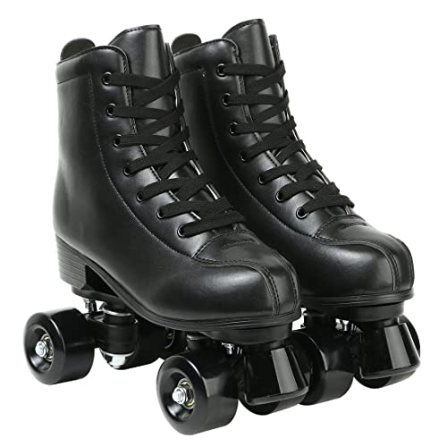 Yyw Roller Skate For Women Men Light Up Wheel - Double Roller Skater High-Top Pu Leather Roller Skate Shoes Adjustable Pu Roller Skates With Four Piles For Adult Black Wheel #TOP1