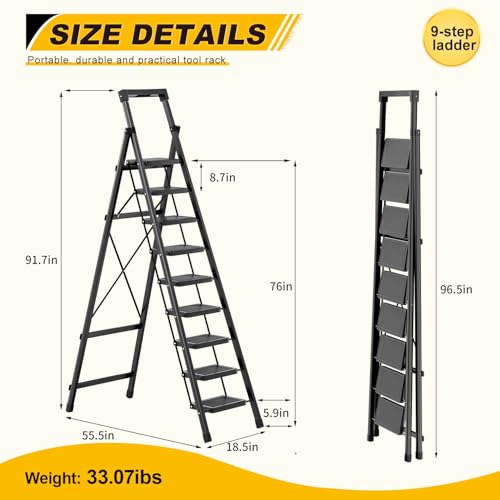 Image of 9 Step Ladder with Platform,Folding Step Stool Heavy Duty,Protable Step Ladders with Anti-Slip Widen Pedals,Handrail,Safe-Lock Design,Tall Kitchen /Closet Step Ladder for Adults