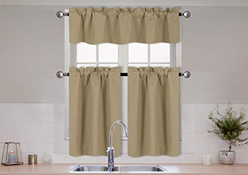 Better Home Style 3 Piece Solid Color 100% Blackout Kitchen Window Curtain Set with Tiers and...