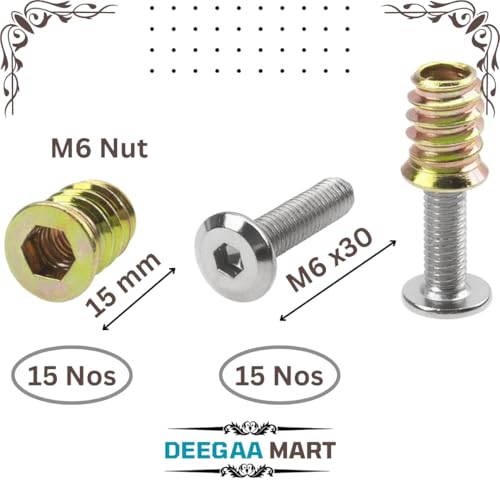 Image of DEEGAAMART Zinc Alloy Threaded Wood Inserts Hex Socket Drive Nuts & Bolt Fasteners for Furniture, Wood Plugs, and Screw Hole Repair (M6x30, 15, Set)