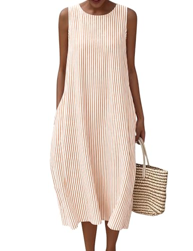 LOMON Womens Summer Maxi Dresses Striped Beach Vacation Long Dress Cotton Casual Resort Sundresses with Pockets