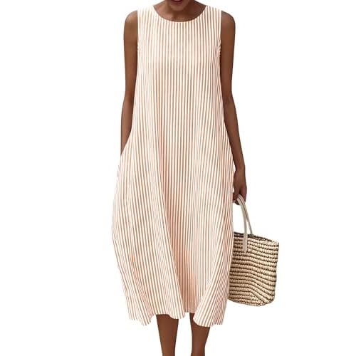 LOMON Summer Dresses for Women Cotton Casual Maxi Dress Beach Vacation Long Sundresses Plaid Striped with Pockets