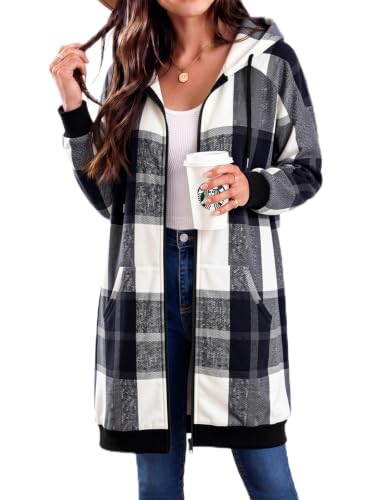 HOTOUCH Plaid Hoodie Women's Zip Up Hoodies Oversized Long Tunic Sweatshirts - image 1