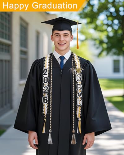 Image of Yigney Graduation Lei Set Class of 2026 Grad Ribbon Leis with Honor Cord Double Braided Graduate Leis for Men Women Black Gold White