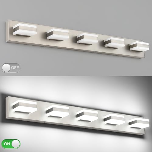 Image of SOLFART Bathroom Brushed Nickel Bathroom Light Fixture, Vanity Lights Over Mirror, 5 Light Led Lights for Bathrooms,5 Color Temperature Adjustable Vanity Lights for Bath Nickel ETL Listed