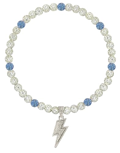 NUSTTAL Baseball Necklace 16 Inch Lightning Bolt Pendant for Men Women Bling Ice Collection | Rhinestone Clay Beaded Discoball Design | Gifts for Baseball Team Players Lovers | White/Blue