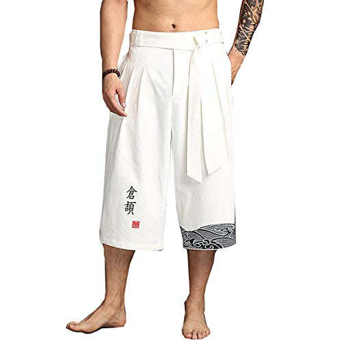 Seidarise Men's Japanese Kimono Traditonal Beach Pants Linen Capri Summer Harem Pants Wide Leg Cropped Pant
