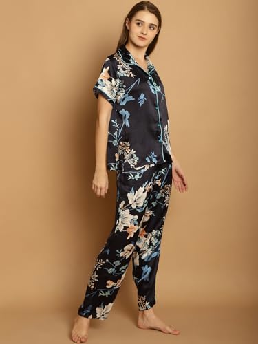 Image of Shararat Women's Satin Night Suit Shirt & Pyjama Set /Sleepwear /Lounge Night Wear /Night Dress, Blue
