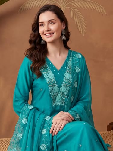 Image of INDO ERA Women's Cotton Blend Solid Straight Kurta Palazzo With Dupatta Set