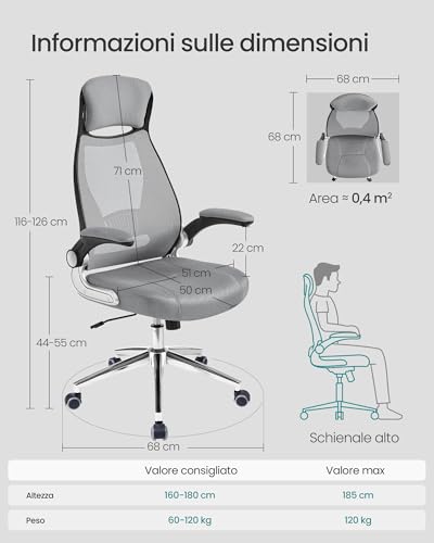 Sedia da Ufficio, Poltrona Girevole, con Braccioli Ribaltabili, Poggiatesta e Supporto Lombare, Inclinazione ad Oscillamento, Superficie in Rete, Grigio Tortora OBN86G01 - Sedia gaming - Immagine 2
