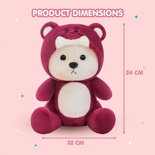 Image of Kidology Plush Teddy Bear with Hood (Removable) - Ultra Soft Huggable Baby Stuffed Animal, Adorable Cuddly Toy for Kids & Girls, Perfect Birthday Valentine Gift for Girlfriend- 30 cm,Red