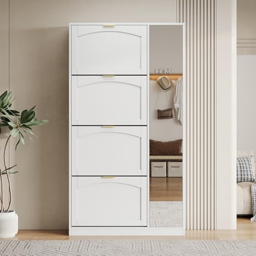 PUGSDRLY Meuble à Chaussures Mince avec 4 Tiroirs Réversibles Double Couche,Miroir Intégral, Rangement Etagere Chaussures avec étagères réglables,pour...