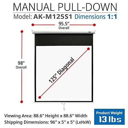 Image of Akia Screens 125 inch Manual Pull Down Projector Screen, 1:1 Retractable Projection Screen, Auto Lock Ceiling & Wall Mount, 8K 4K HD Ready, White Case, AK-M125S1.