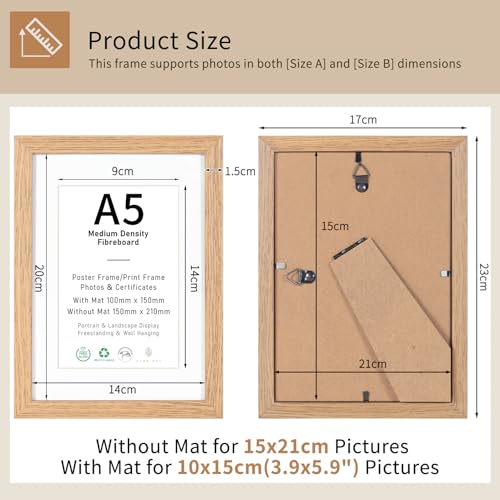 A5/15x21cm Picture Frame Set of 3, Display 10x15cm with Mat or A5 without Mat, Natural Wood Photo Frames for Wall Mounting or Table Top Display