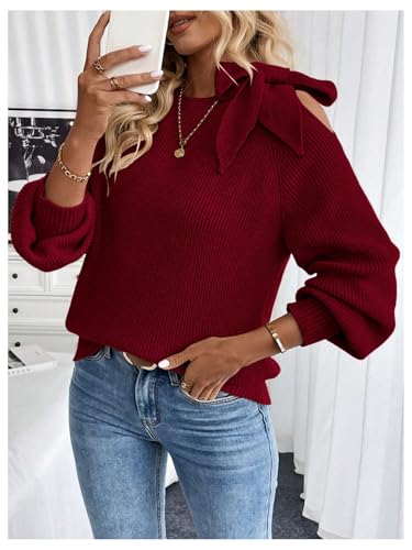 Image of GORGLITTER Women's Bow Sweater Long Sleeve Cut Out Tie Shoulder Vintage Chunky Cozy Knit Pullover Tops Fall Trendy 2025