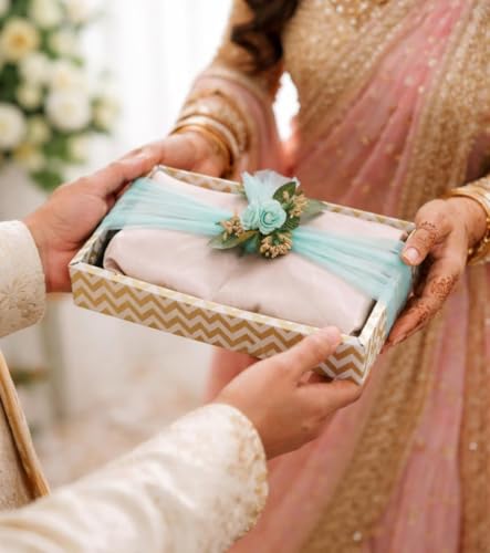 Image of SATYAM KRAFT 3 Pcs Decorative Hamper Gift Tray with Net Band | Cardboard Box for Hamper Decorations items, Festive Gifting | Packing Box for Saree, Sweets, Return Gift, Marriage, Wedding Packing (Golden)