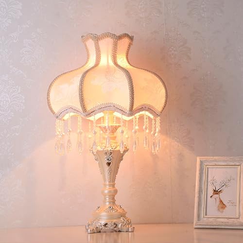 Victorian Style Table Lamp, Antique Fabric Decorative Desk Lamp with Fringe, Floral Bedside Light, European Nightstand Lamp for Bedroom and Living Room