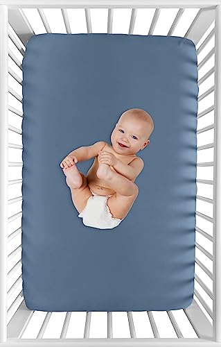 Image of Sweet Jojo Designs Slate Blue Boy Fitted Mini Crib Sheet for Baby Nursery Infant Newborn Bed Room Portable Pack n Play Mattress Solid Steel for Sports Theme Watercolor Vintage Sport Themed Collection