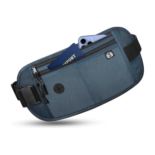 xolear Riñonera Antirrobo, Antirrobo Riñonera Viaje, Cinturón Ajustable Impermeable Plana Cartera de Viaje, para Pasaporte, Billetera y Teléfono, Seguro Hombre y Mujer(Azul Oscuro)