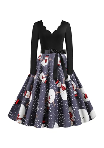 EFOFEI Damen Weihnachtskleider Geschenk Vintage Christmas Print Langarm Oansatz Abend Party Swing Kleid Club Karneval Kostüme Dress Kleid Grau 3XL