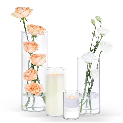 4 Pack Glass Cylinder Vases 4, 6, 8, 10 Inch Tall Clear Vases for Centerpieces Wedding Decoration, Clear Glass Flower Vases Hurricane Floating Candle Holder for Party Table Home Decor