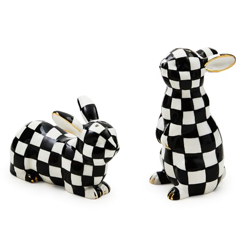 MACKENZIE-CHILDS Bunny Salt and Pepper Shaker Set, Ceramic Salt and Pepper Holders, Black-and-White Courtly Check