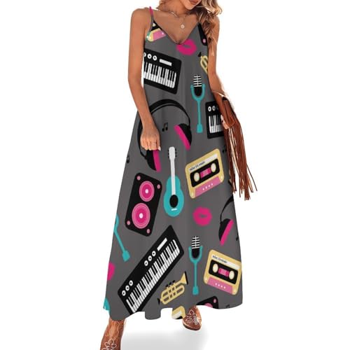 Robe maxi imprimé clavier guitare originale et coupe fluide sans manches pour femme