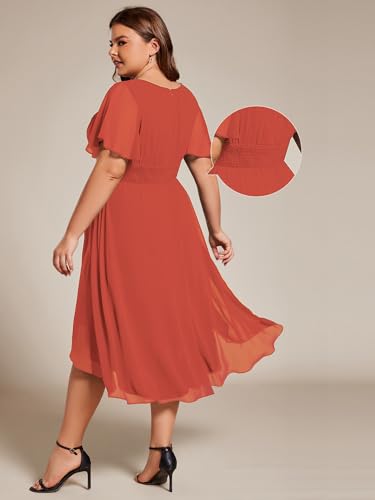 Ever-Pretty Women's A Line Crew Neck Short Sleeves Pleated Elastic Back Chiffon Midi Plus Size High Low Wedding Guest Dresses2