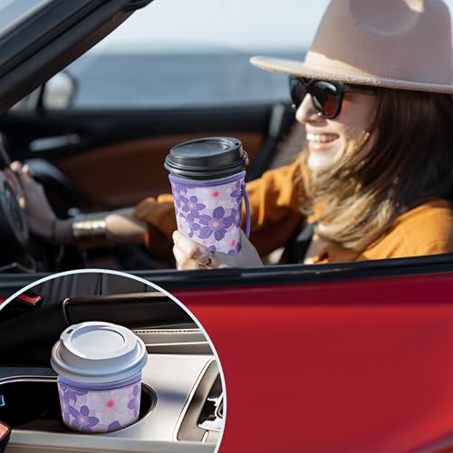 Image of KJQJLY 3 Pack Reusable Iced Coffee Sleeves for Iced Coffee Cups or Drinks Reusable Neoprene Insulated Sleeves for Hot and Cold Drinks from Starbucks, Dunkin, And More (Little Purple Flowers)
