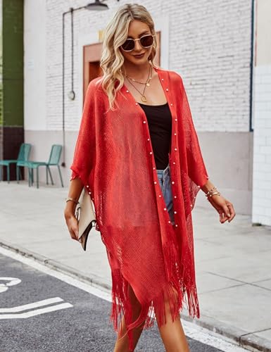 Ferand Women's Pearl Fringe Kimono Cardigan Sheer Loose Swim Cover Up for Beach, Pool, and Vacation4