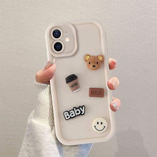 Coalbooliy Custodia per iPhone 12 6,1'', Cellulare Bianco Silicone Morbido Cover per telefono Aesthetic Modello Orsetto di peluche 3D Disegni Protezione Fotocamera Antiurto Case, 03