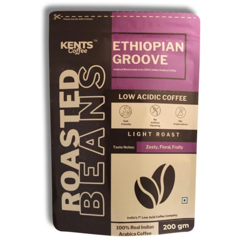 Image of Kents Coffee Ethiopian Groove Light Roast Coffee | Roasted Coffee Beans | LOW ACIDIC | Best 100% Indian Premium Whole Coffee Beans | Taste Like Zesty, Floral, Fruity | Single Estate Chikmangalur Speciality Pouch | Sun-Dried Arabica Bean | Freshly Roasted Beans | 200gm