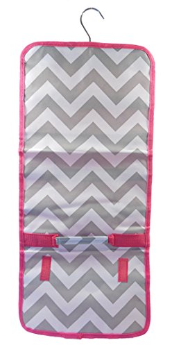 Cosmetic & Jewelry Hanging Travel Roll-up in Chevron Gray w/Pink Trim