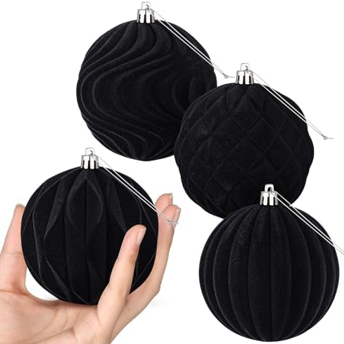 4 Pcs 4 Inch Black Large Velvet Christmas Ball Ornaments Vintage ...