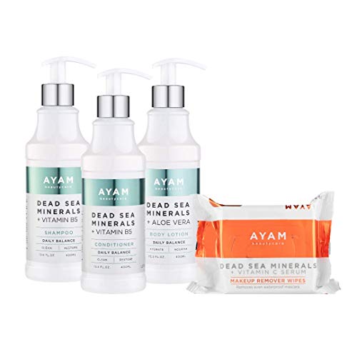 Ayam Beautycare Dead Sea Minerals + Vitamin B5 Frizz Control Shampoo, Conditioner & Body Lotion Set 13.5 fl oz and Vitamin C Makeup Remover Wipes 25 Count (Set of 4).