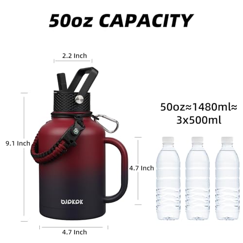 Image of BJPKPK Large Insulated Water Bottles with Straw Lid & Handle, 50oz Water Bottle with 3 Lids and Paracord Strap,Stainless Steel Metal Water Bottle, nsulated Water Jug,Charming Red
